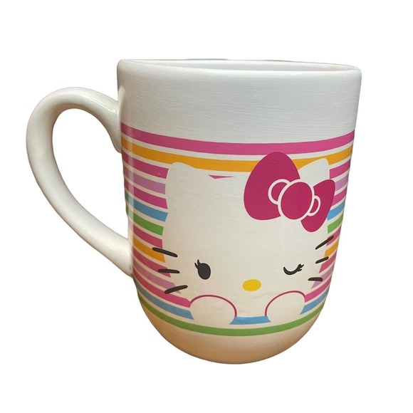 Sanrio Winking Hello Kitty Mug Stripes Multi Color 2013 Cute Coffee‎ Tea 16oz - Picture 1 of 6